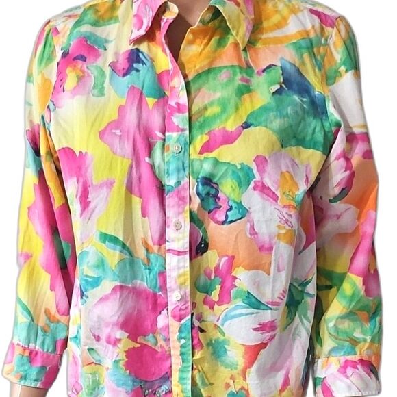 Lauren Ralph Lauren Pink Yellow Graphic Button Down Shirt - Picture 2 of 8